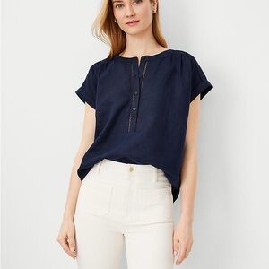 Ann Taylor Navy Linen Button Down Short Sleeve Top Cut Out Framed Popover